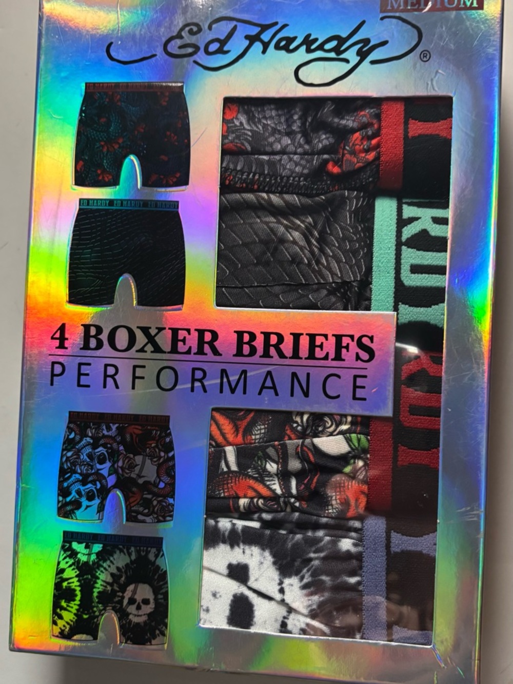 Ed Hardy 4 Pack Performance Boxer Briefs Tattoo Soft Stretch Moisture Wicking M